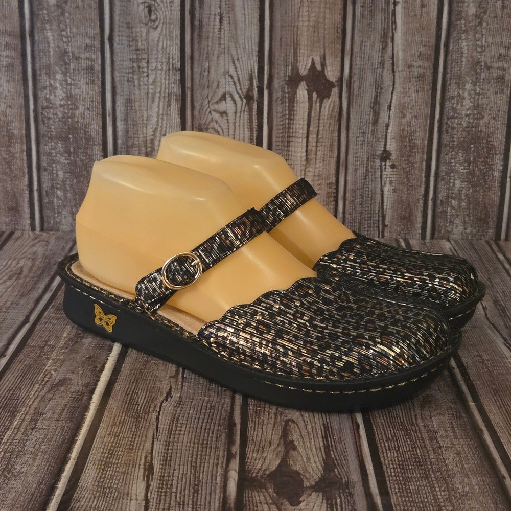 Sz 39 / 9 Alegria Tuscany Black Gold Metallic Leopard Mary Jane Clog Worn 1X!